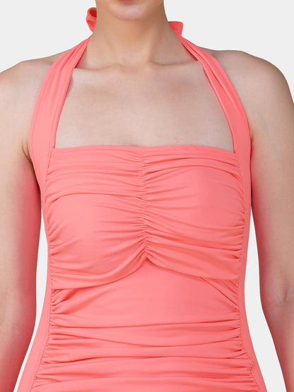 Brauch Coral Pink Padded Ruched Halter Neck Swimdress