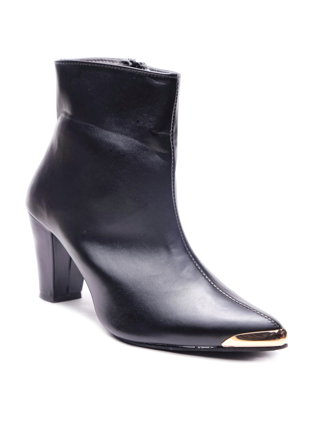 Women Black Pointed Toe Block Heeled Zip Up Boots