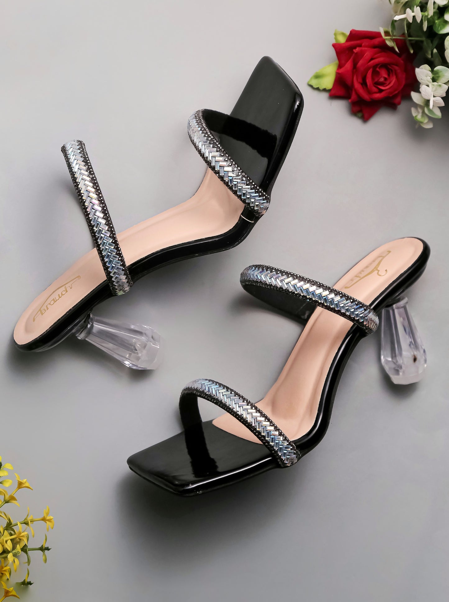 Brauch Black Patterned Rhinestone Transparent heel