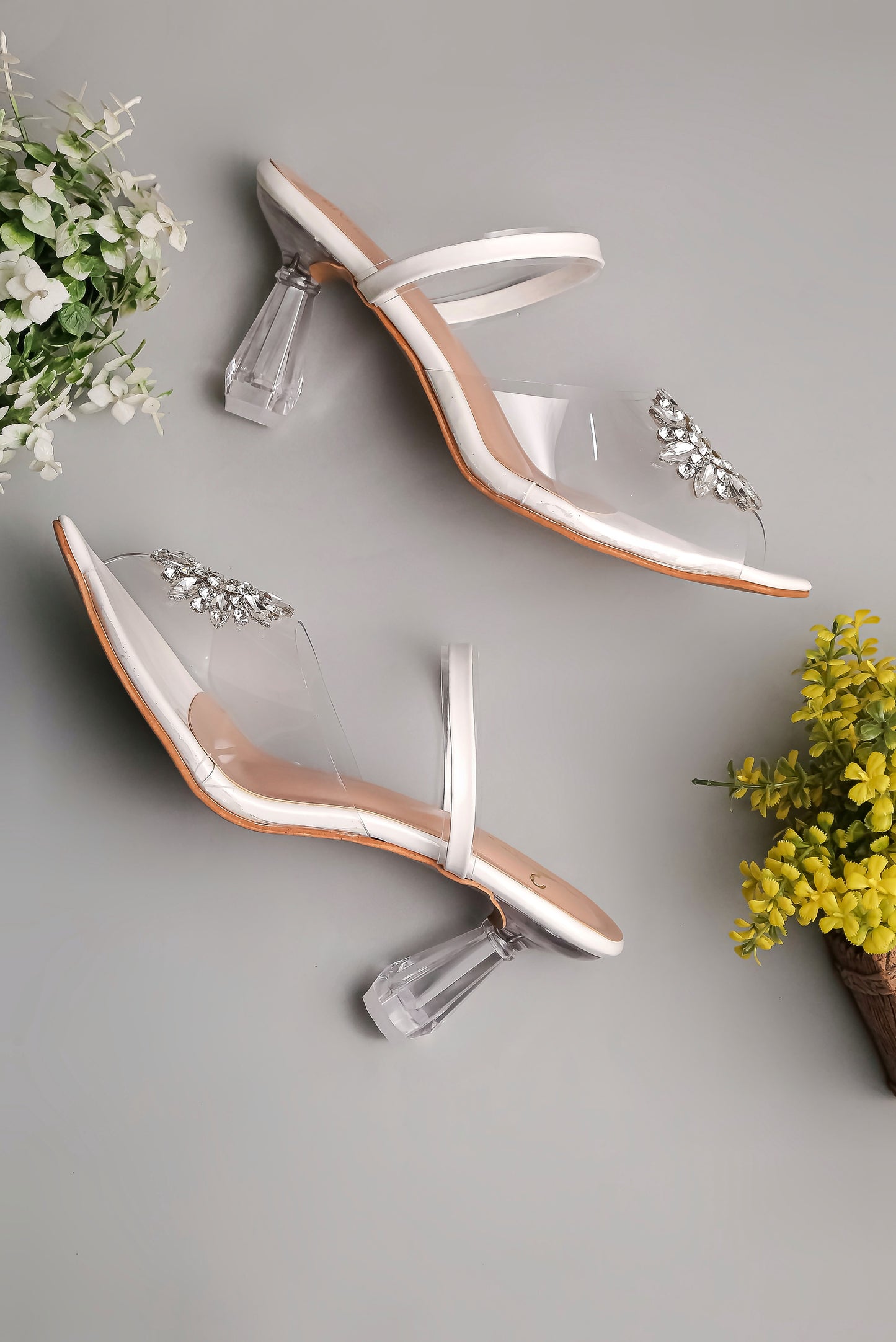 Brauch White Diamond Buckle Transparent Peep Toe Heel