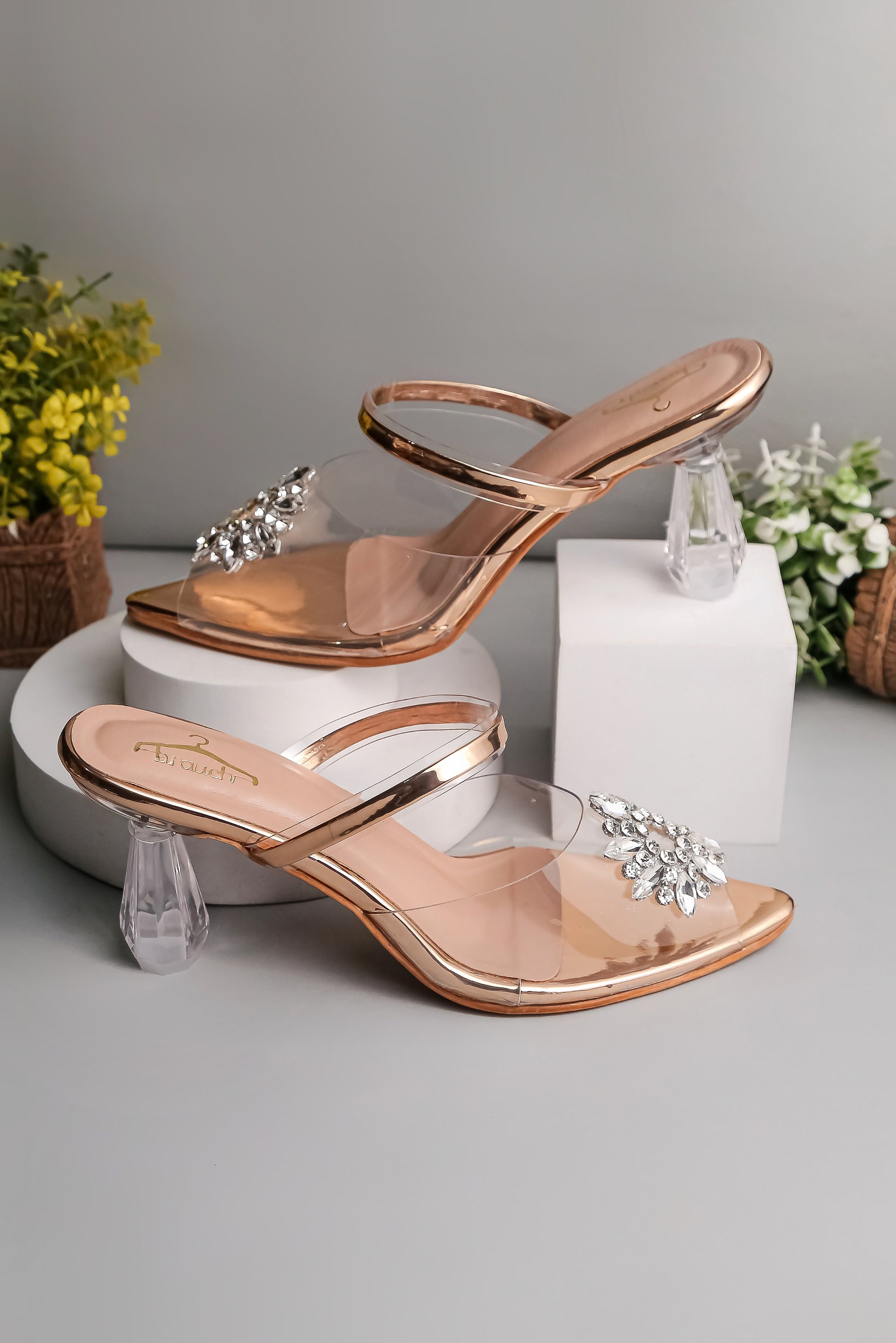 Brauch Rose Gold Diamond Buckle Transparent Peep Toe Heel