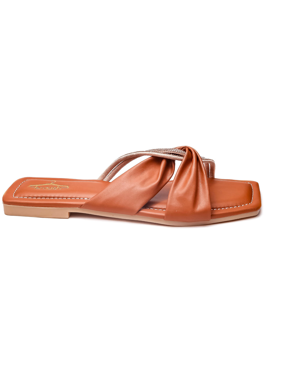 Brauch Women Tan Cross Strap Rhinestone Flats
