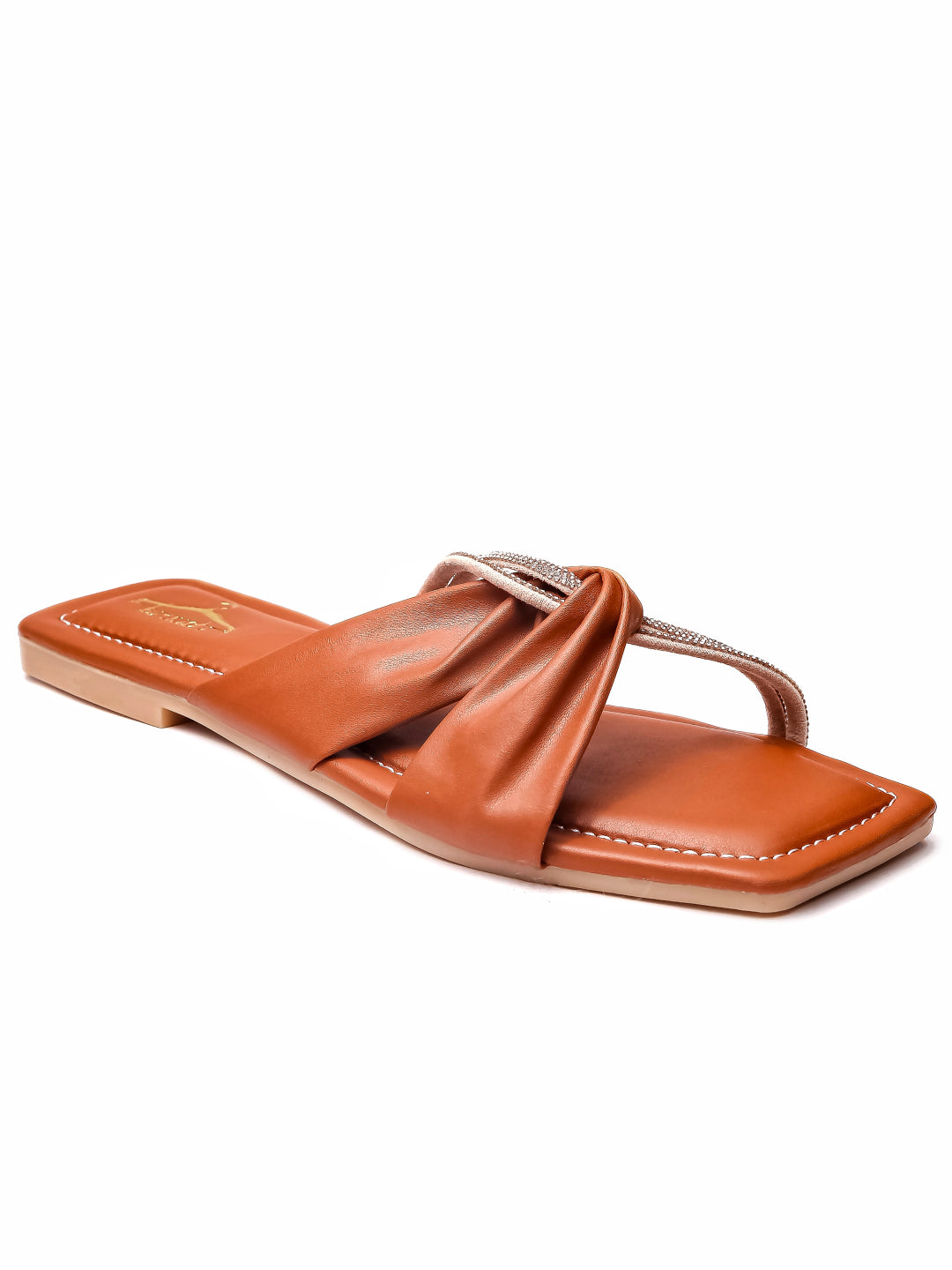 Brauch Women Tan Cross Strap Rhinestone Flats