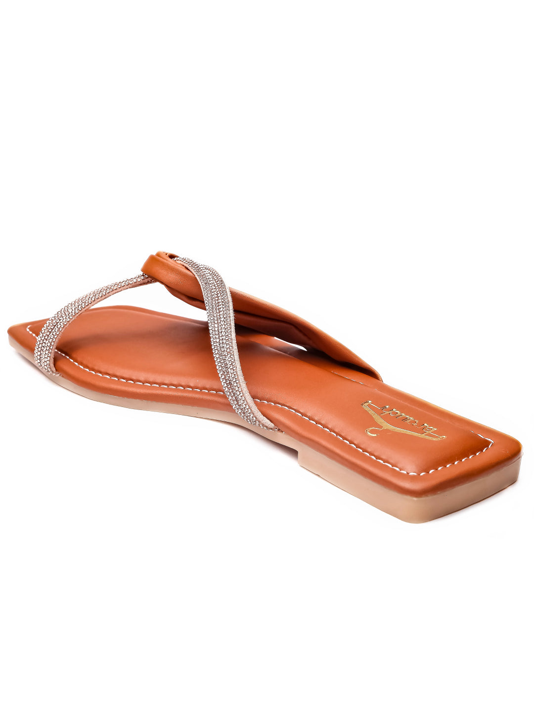 Brauch Women Tan Cross Strap Rhinestone Flats