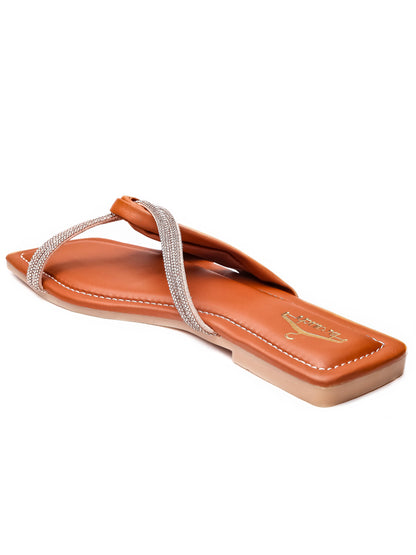 Brauch Women Tan Cross Strap Rhinestone Flats