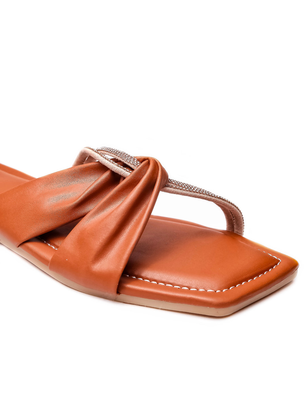 Brauch Women Tan Cross Strap Rhinestone Flats