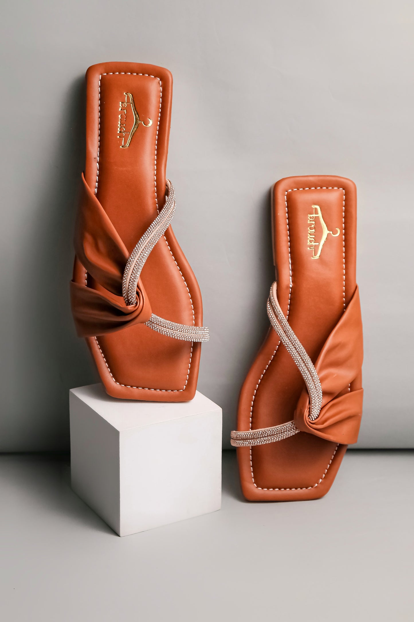 Brauch Women Tan Cross Strap Rhinestone Flats