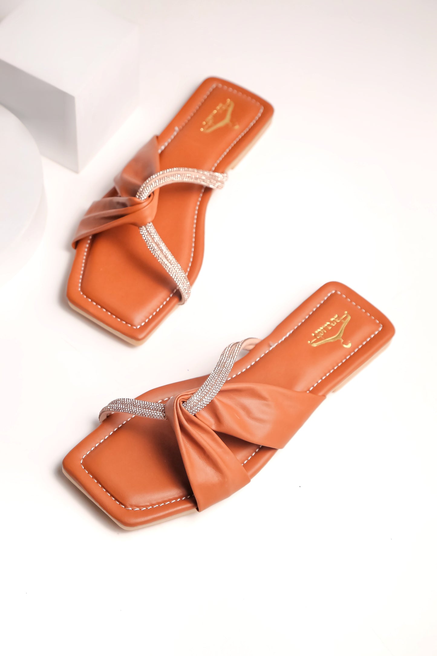 Brauch Women Tan Cross Strap Rhinestone Flats