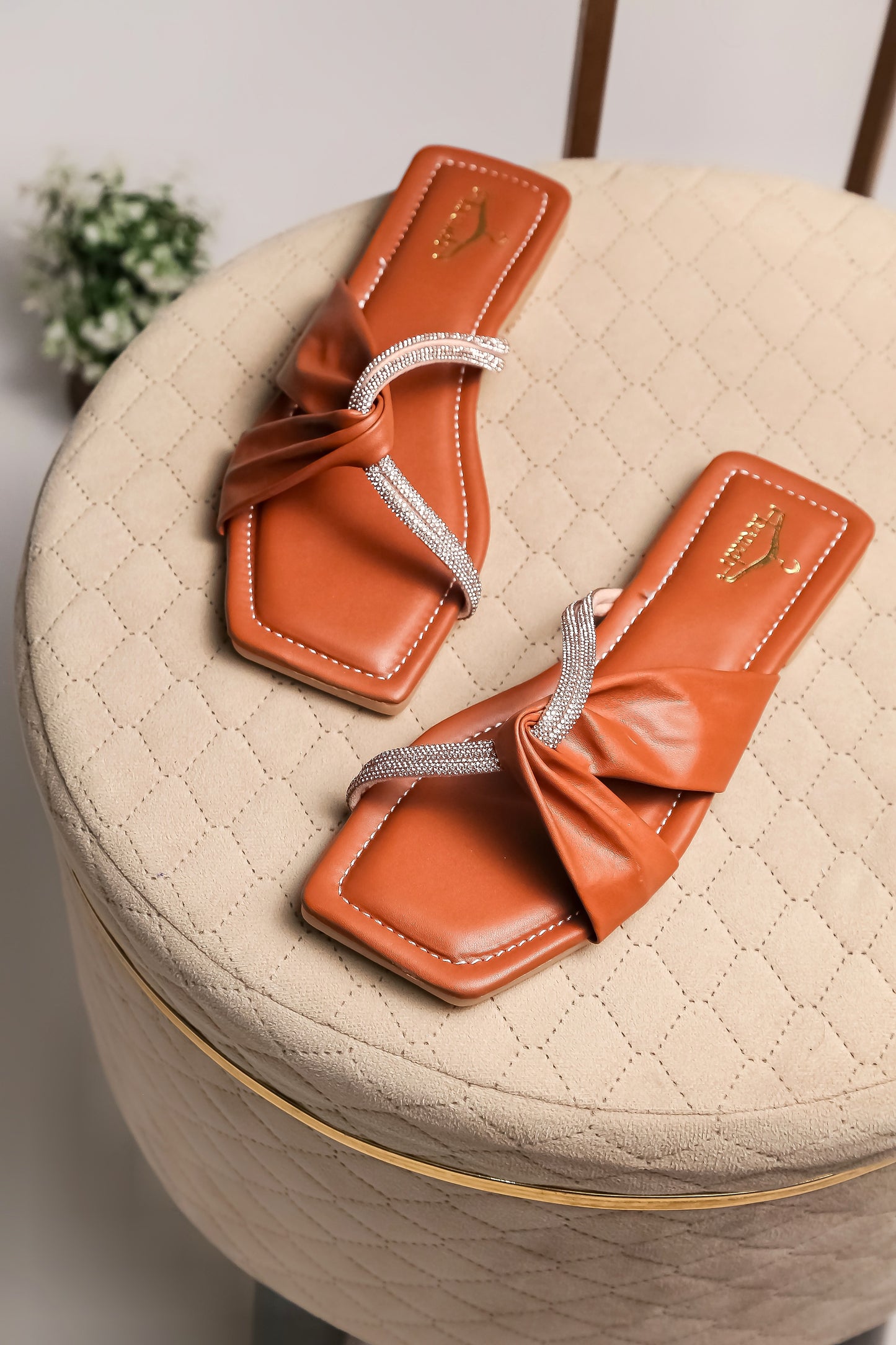 Brauch Women Tan Cross Strap Rhinestone Flats