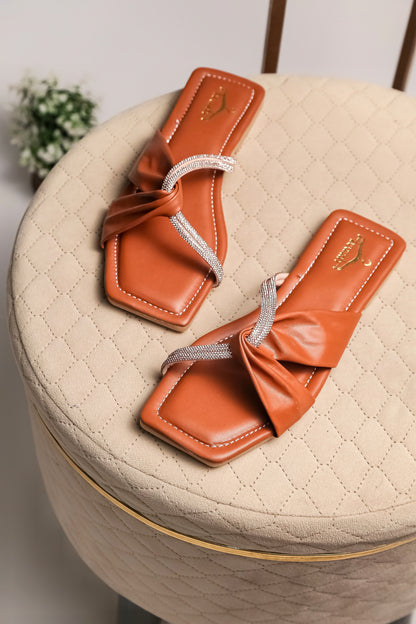 Brauch Women Tan Cross Strap Rhinestone Flats