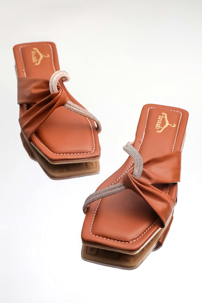 Brauch Women Tan Cross Strap Rhinestone Flats
