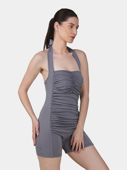Brauch Grey Padded Ruched Halter Neck Swimdress