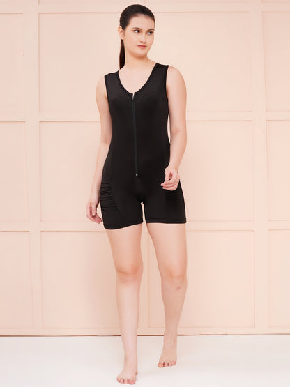 Brauch Black Zip‑Front Nylon Swim Romper One Piece Dress