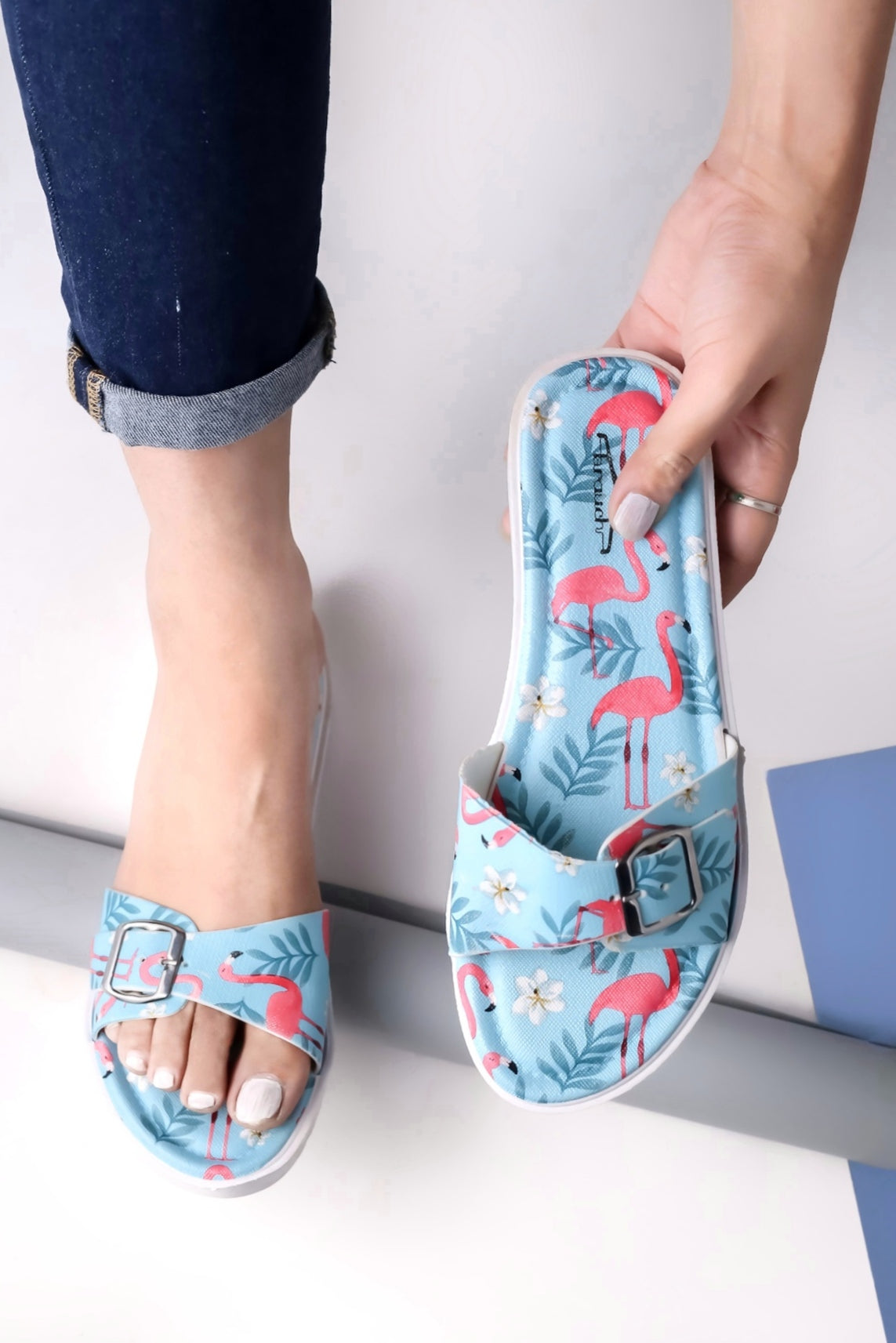 Brauch Women's Blue Flamingo Belt Slides