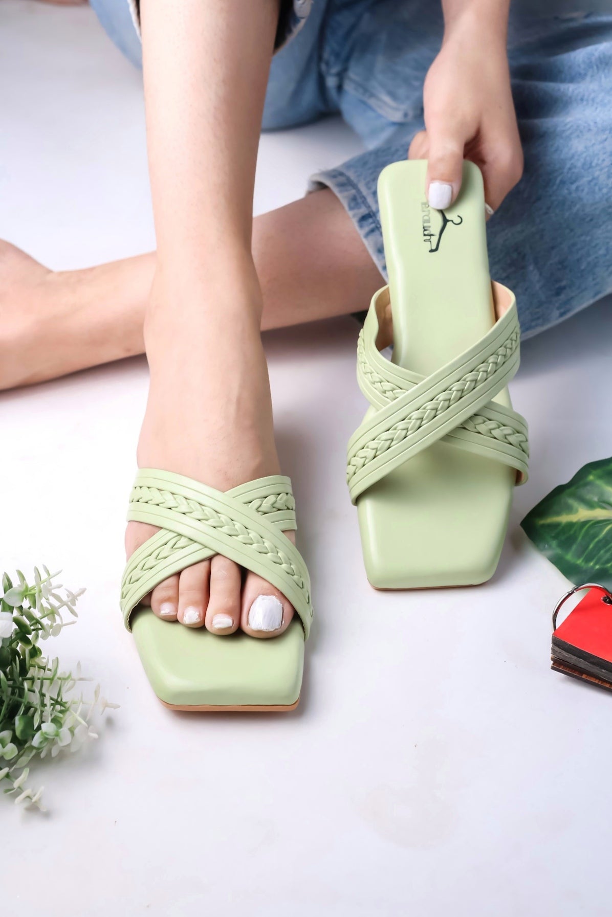 Brauch Sea Green Cross Strap Patterned Flats