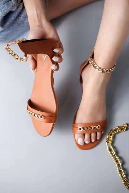 Brauch Women Tan High Strap Embellished Buckle Flats