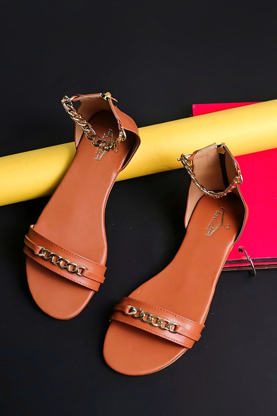 Brauch Women Tan High Strap Embellished Buckle Flats