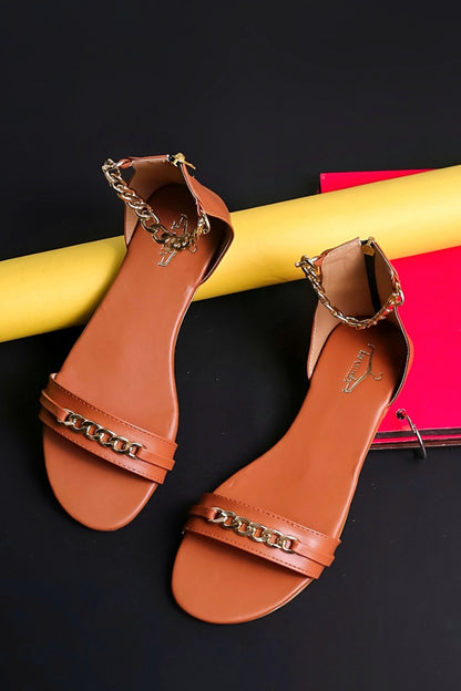 Brauch Women Tan High Strap Embellished Buckle Flats