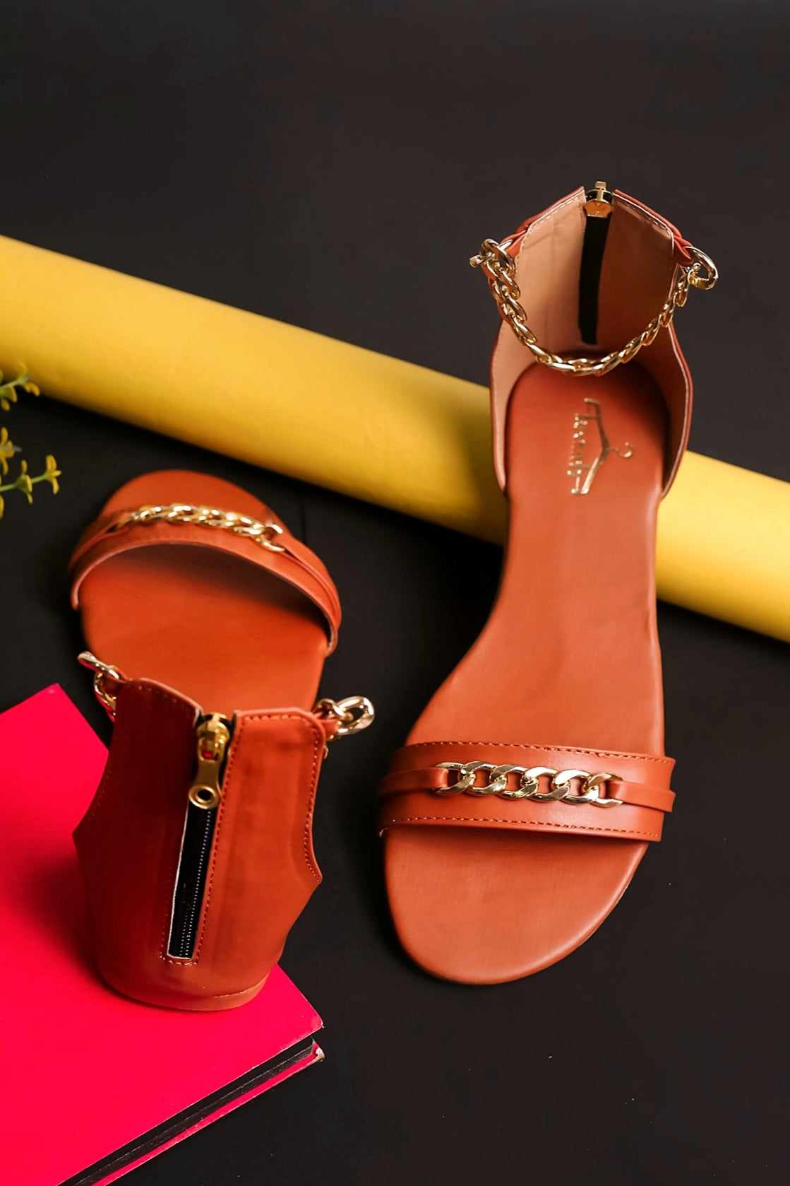 Brauch Women Tan High Strap Embellished Buckle Flats