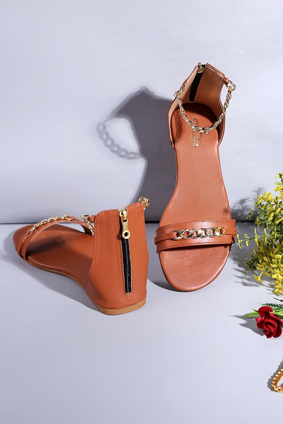 Brauch Women Tan High Strap Embellished Buckle Flats
