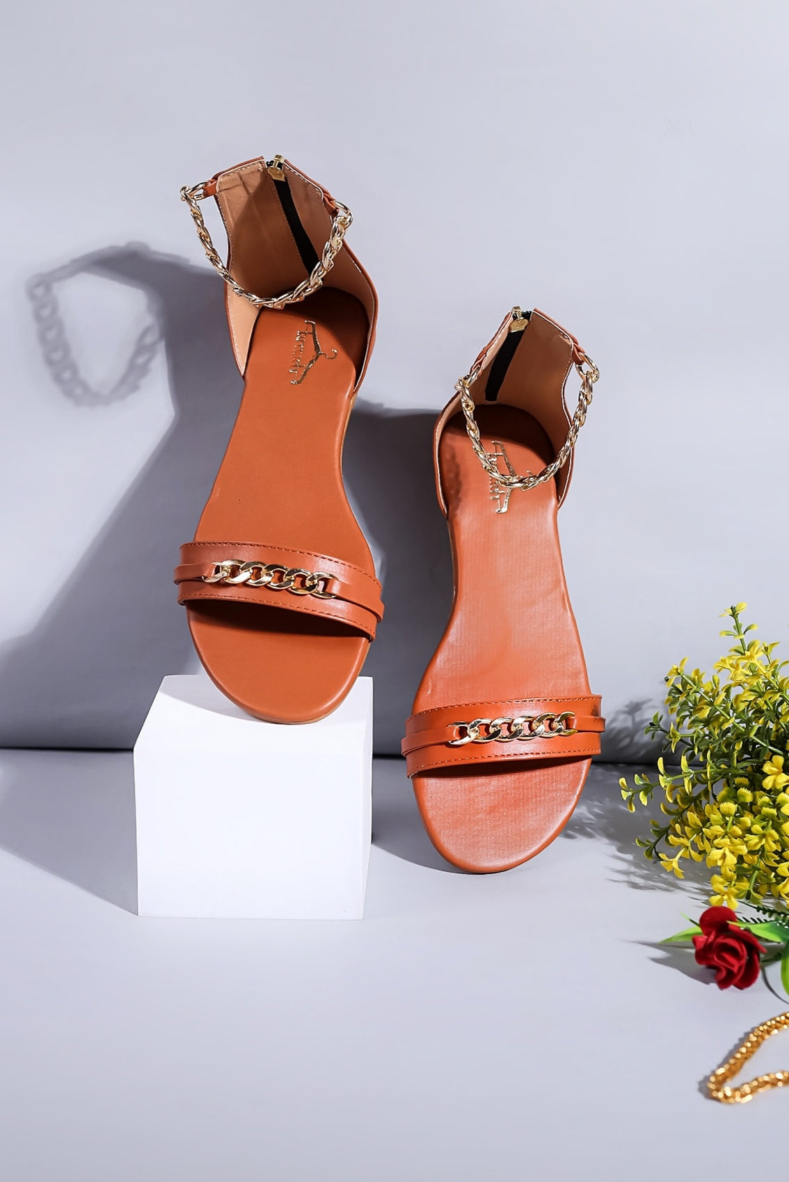 Brauch Women Tan High Strap Embellished Buckle Flats