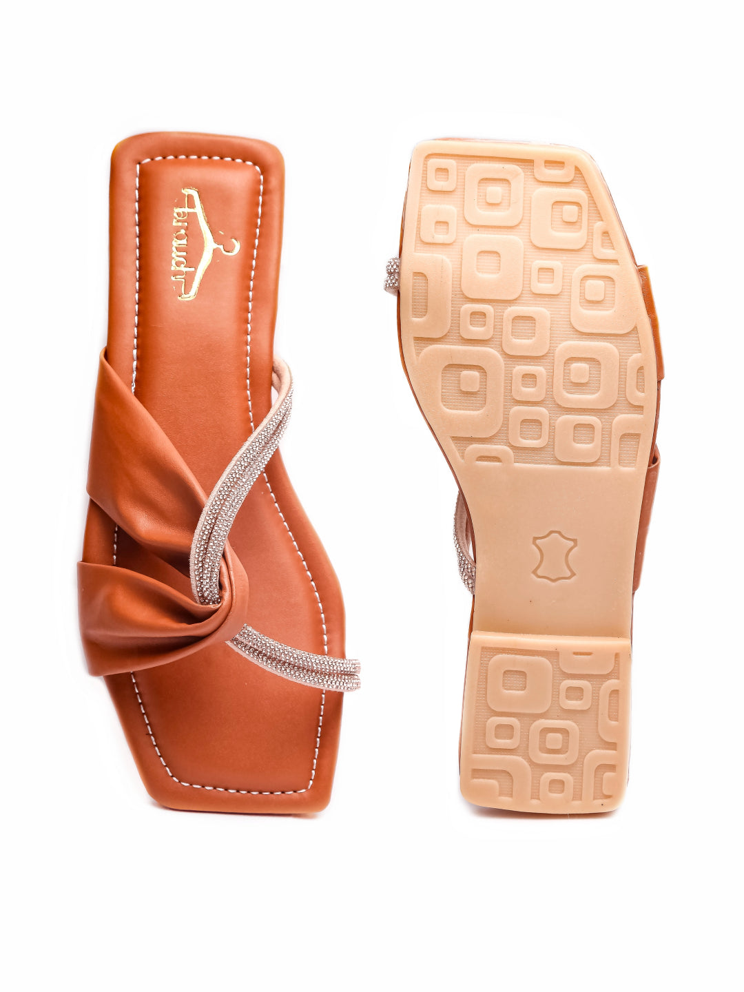 Brauch Women Tan Cross Strap Rhinestone Flats