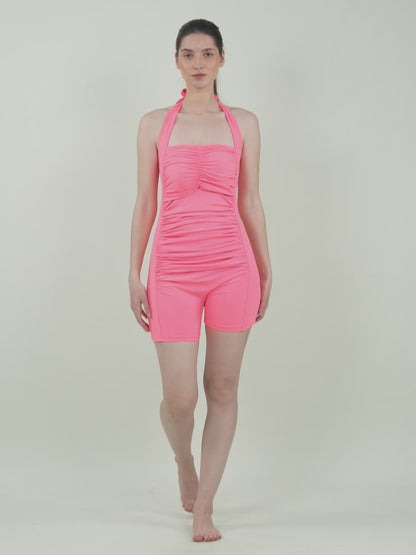 Brauch Coral Pink Padded Ruched Halter Neck Swimdress
