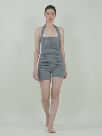 Brauch Grey Padded Ruched Halter Neck Swimdress