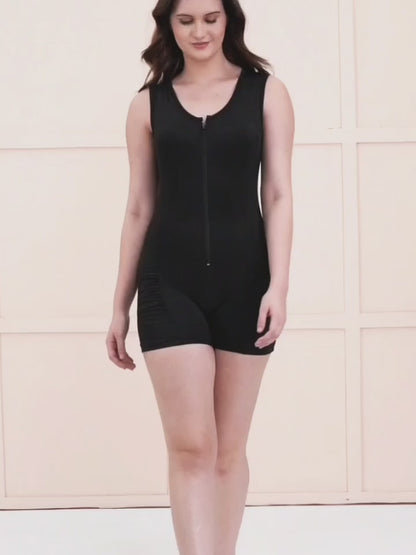 Brauch Black Zip‑Front Nylon Swim Romper One Piece Dress