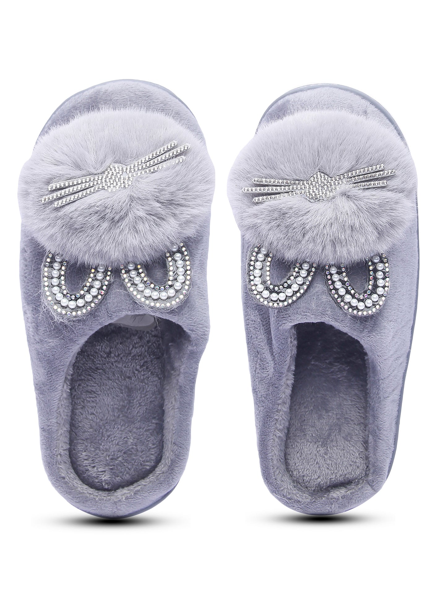 Brauch Women's Grey Pearl Glitter Kitty Winter Slippers