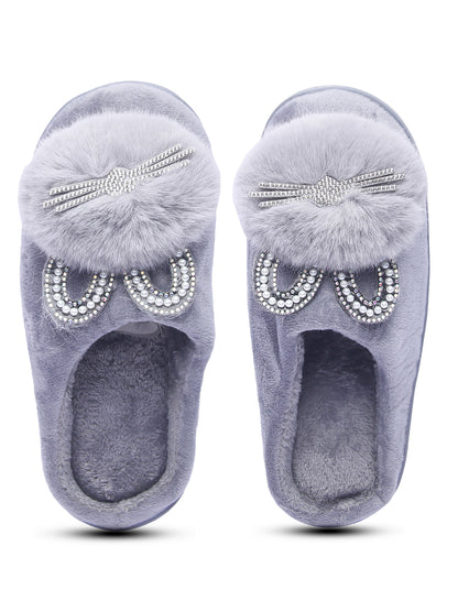 Brauch Women's Grey Pearl Glitter Kitty Winter Slippers