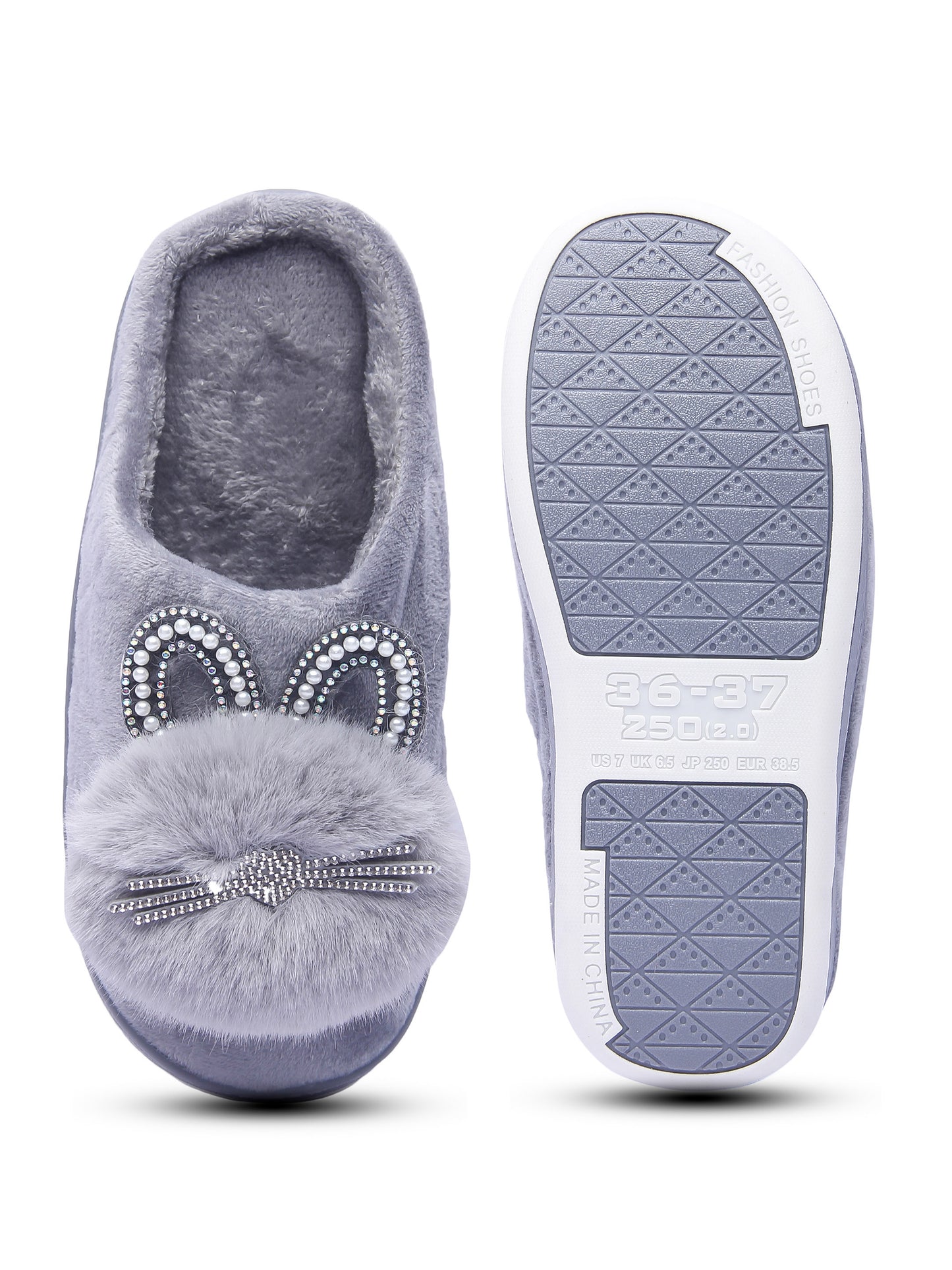 Brauch Women's Grey Pearl Glitter Kitty Winter Slippers