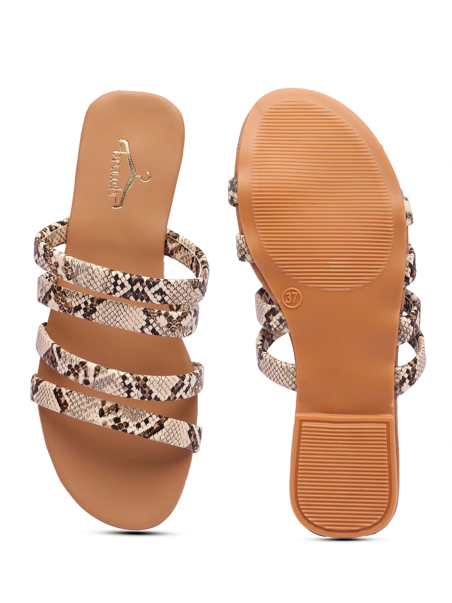 Brauch Women's Beige Snake Strap Printed Flat Sandal