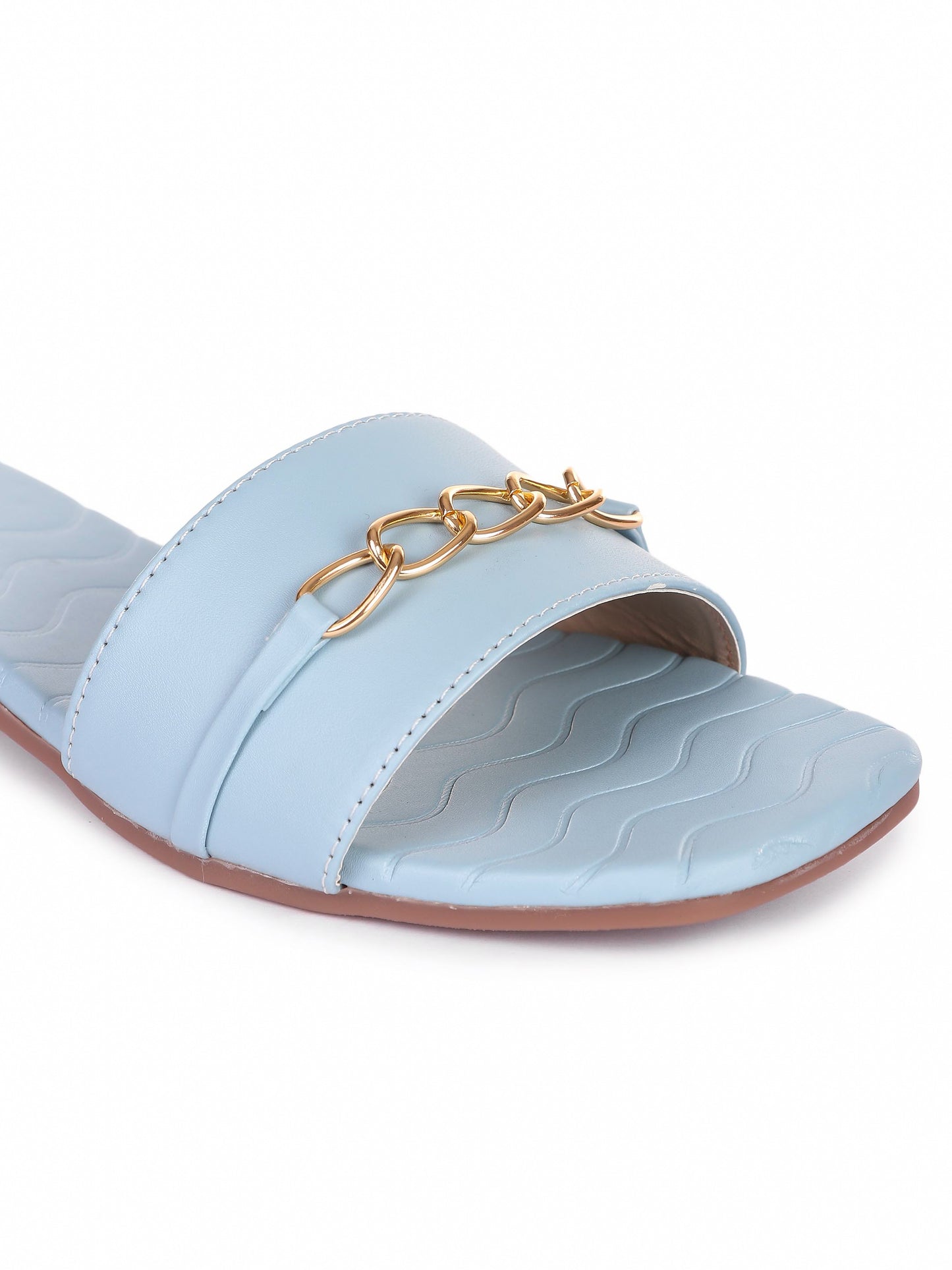 Brauch Sky Blue Buckle Strap Patterned Flats