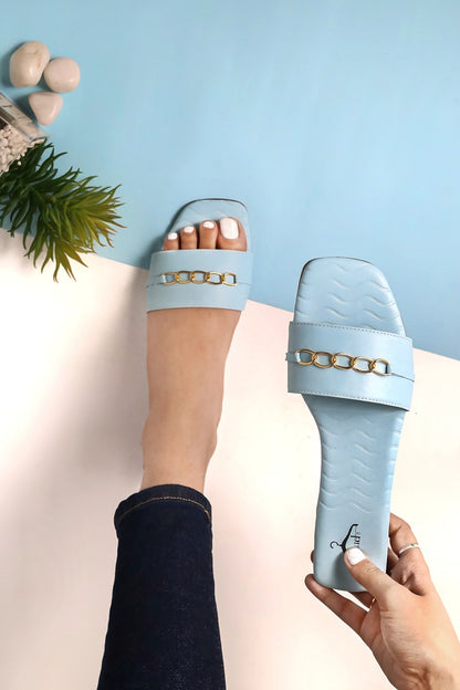 Brauch Sky Blue Buckle Strap Patterned Flats