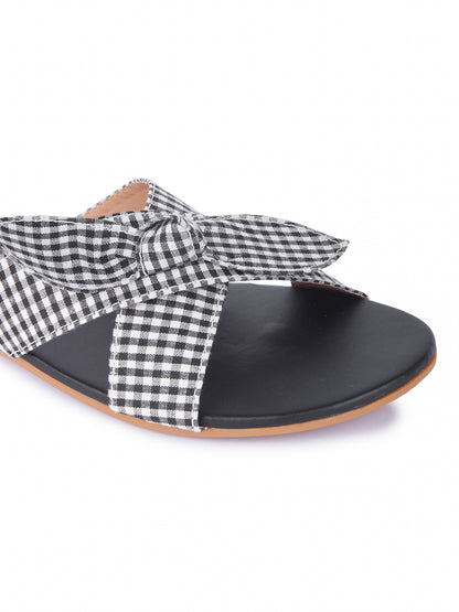 Women Black Bow Checkered Fashion Flats