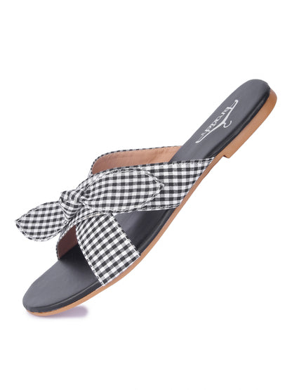 Women Black Bow Checkered Fashion Flats