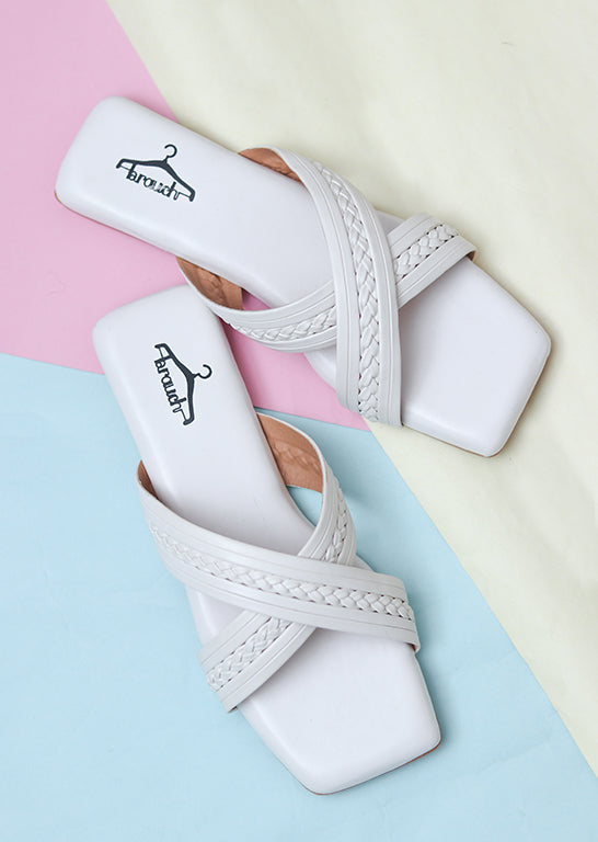 Brauch White Cross Strap Patterned Flats