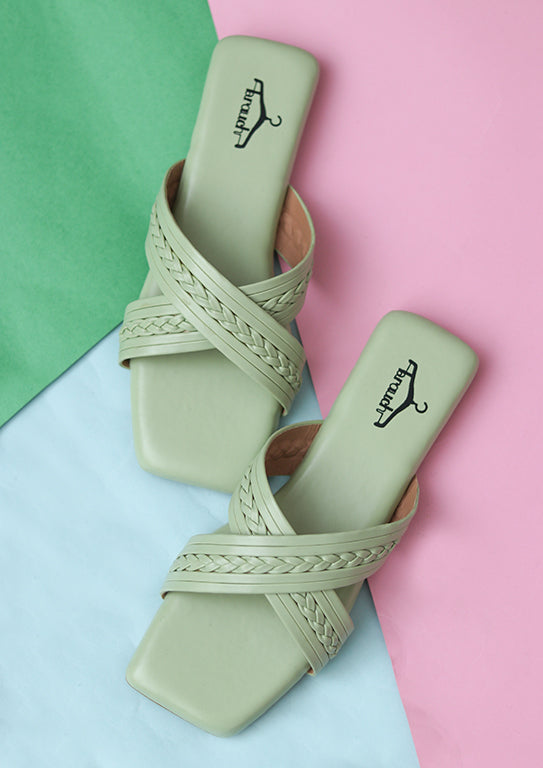 Brauch Sea Green Cross Strap Patterned Flats