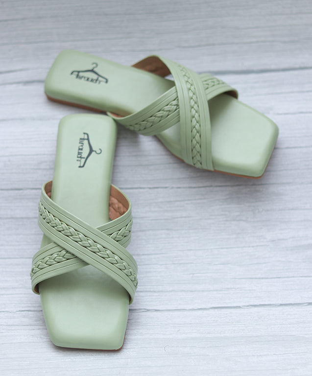 Brauch Sea Green Cross Strap Patterned Flats