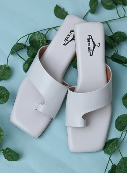 Brauch White Thumb Strap Square Toe Flats
