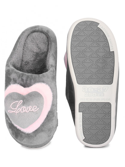 Brauch Women's Grey Love Heart Fur Winter Slippers