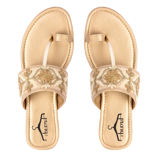 Brauch Women's Beige Embroidered Floral Flats