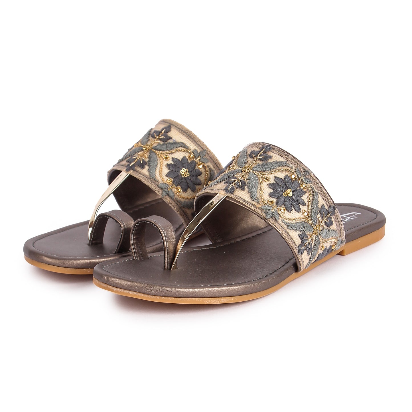 Brauch Women's Grey Embroidered Floral Flats