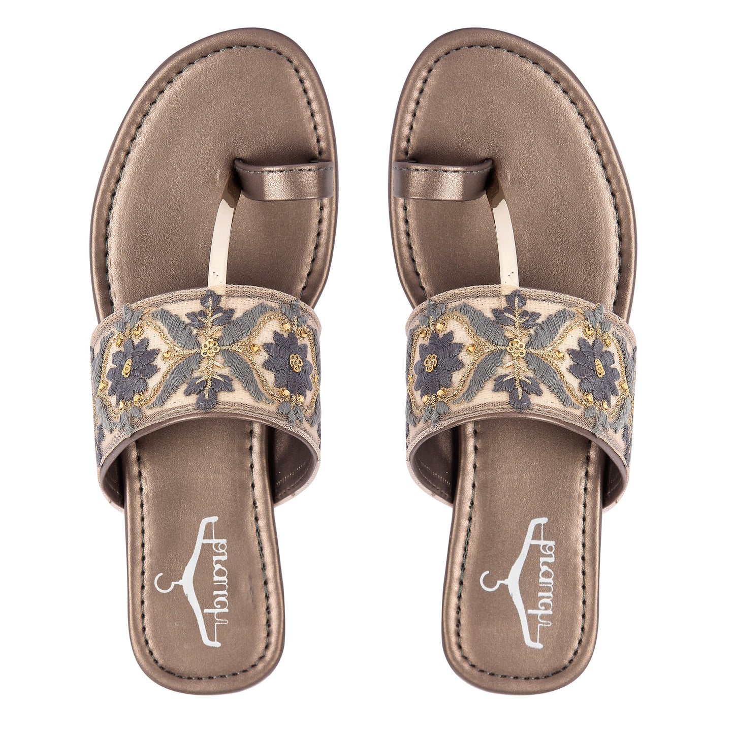 Brauch Women's Grey Embroidered Floral Flats