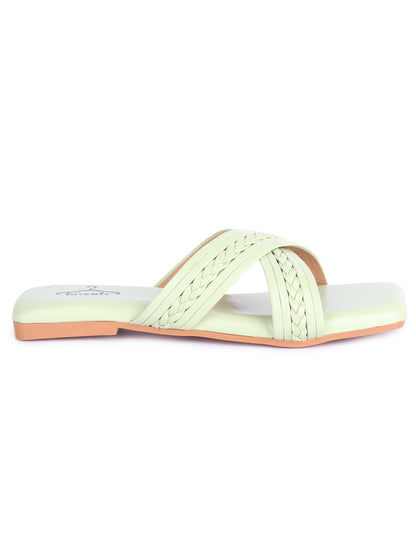 Brauch Sea Green Cross Strap Patterned Flats