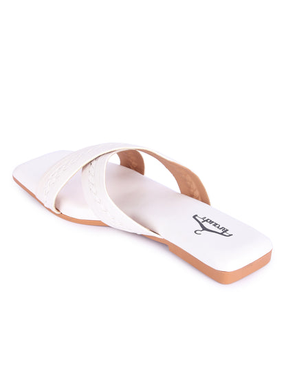 Brauch White Cross Strap Patterned Flats