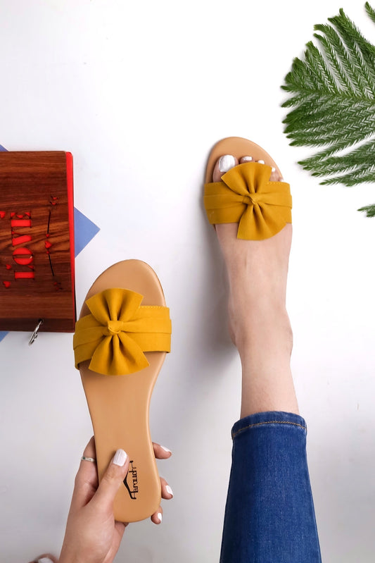 Brauch Women's Mustard Suede Bow Flats Slides